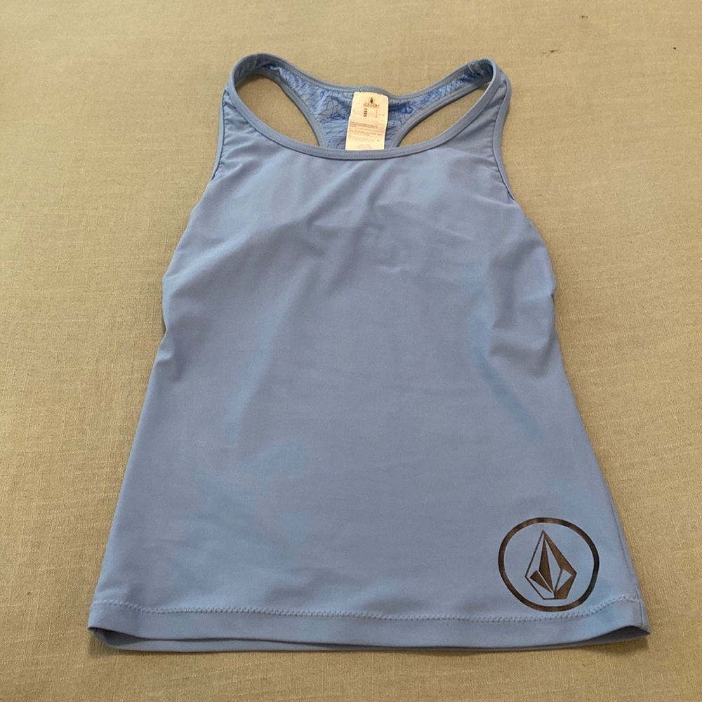 Fitted, light, athletic blue tank top.